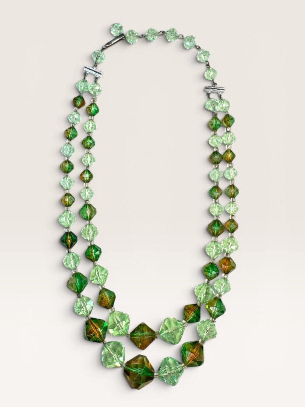1950s W Germany Green Faceted Lucite Bead Double Strand Choker Necklace 18.25"